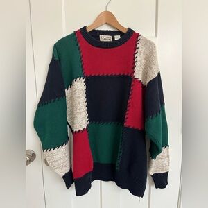 Vintage 90s Cotton Traders Patchwork Sweater Mens L Colorblock Knit Crewneck